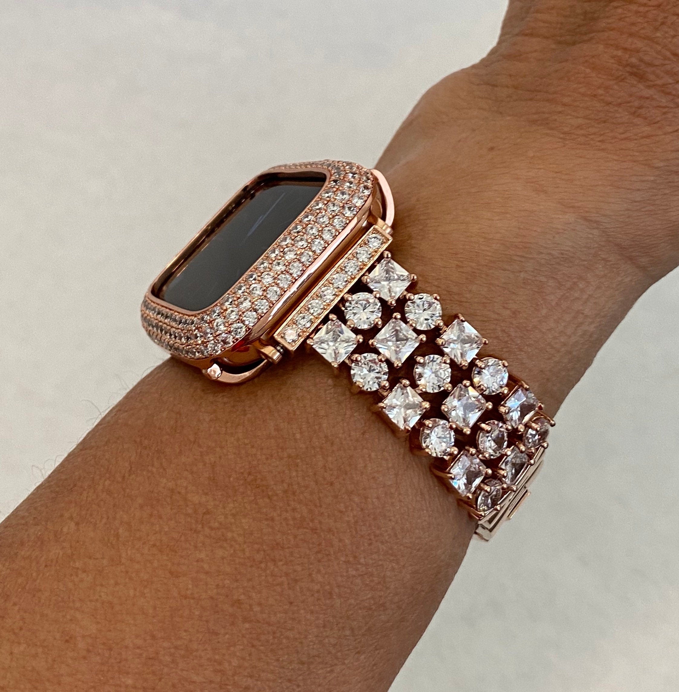 Apple Watch Band 49mm Ultra Swarovski Crystals Rose Gold & or Apple Watch Cover Lab Diamond Bezel Apple Watch Case Bumper Bling 38mm-46mm