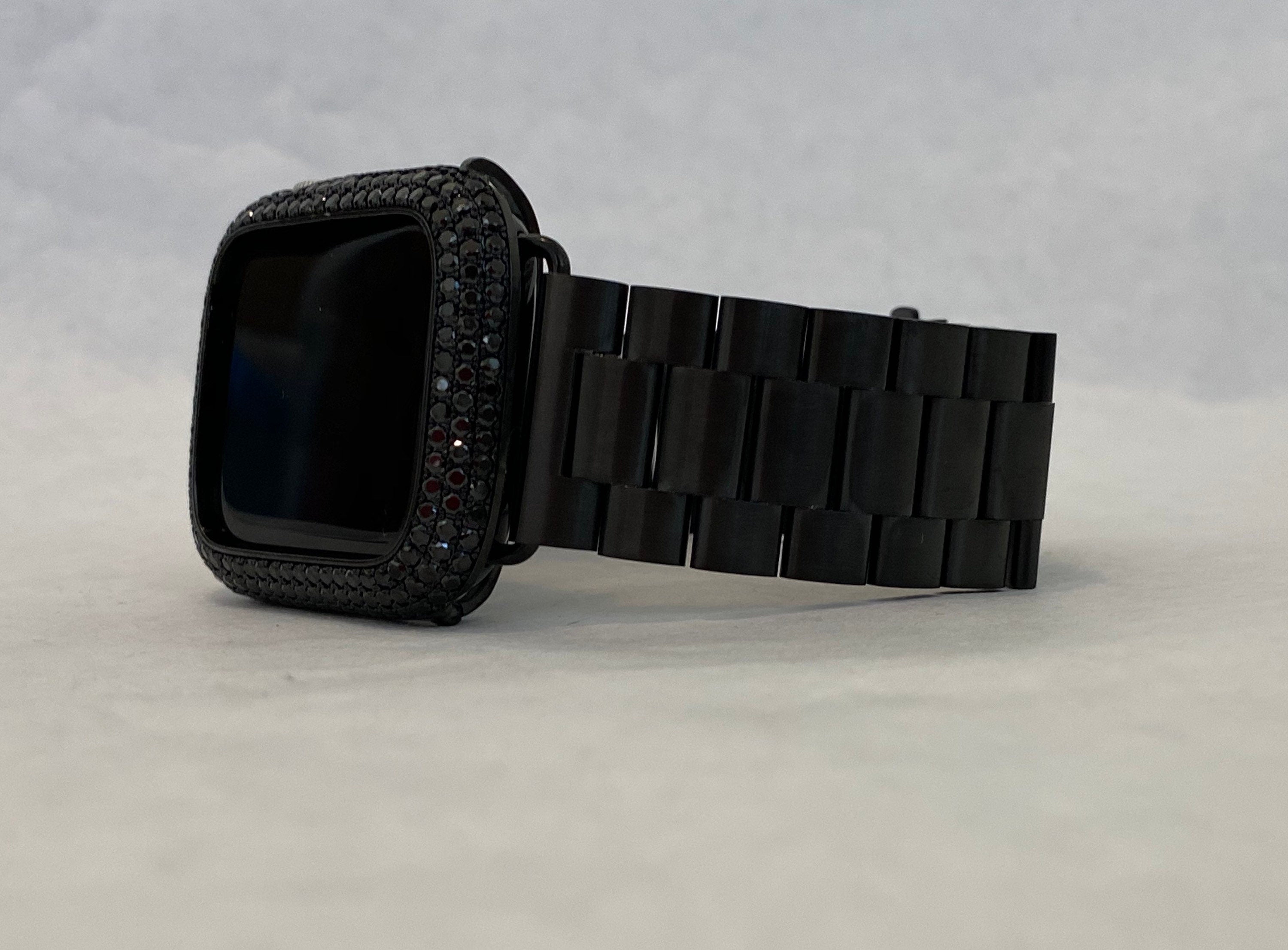 Black Apple Watch Band Rolex Style & or Apple Watch Cover Lab Diamond Bezel Apple Watch Case Bumper 38 40 41 42 44 45 49mm Ultra Bling