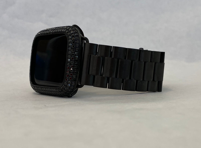 Black Apple Watch Band Rolex Style and or Custom Lab Diamond Bezel Cover 38mm 40mm 41mm 42mm 44mm 45mm Series 7,8