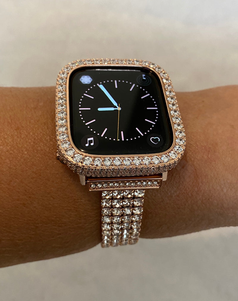 Apple Watch Band 49mm Ultra Rose Gold Crystals & or Apple Watch Cover Lab Diamond Bezel Case Smartwatch Bumper Bling 38mm-49mm