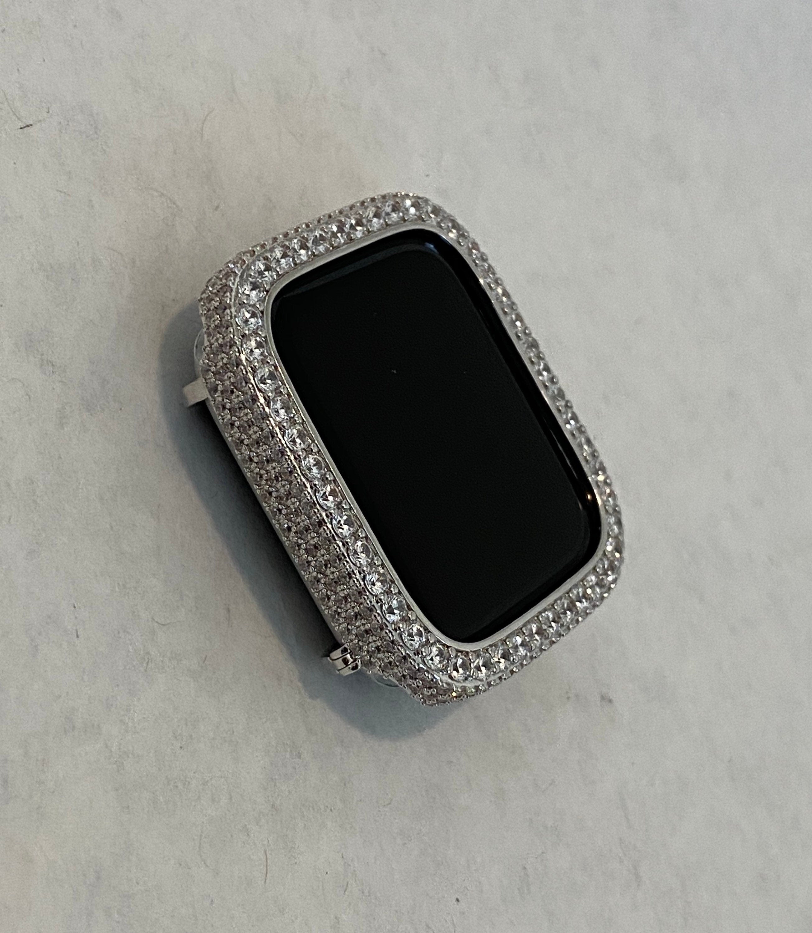 Silver Apple Watch Band and or Custom White Gold Apple Watch Cover Bezel Lab Diamonds 38 40 41 42 44 45mm, Smartwatch Bumper