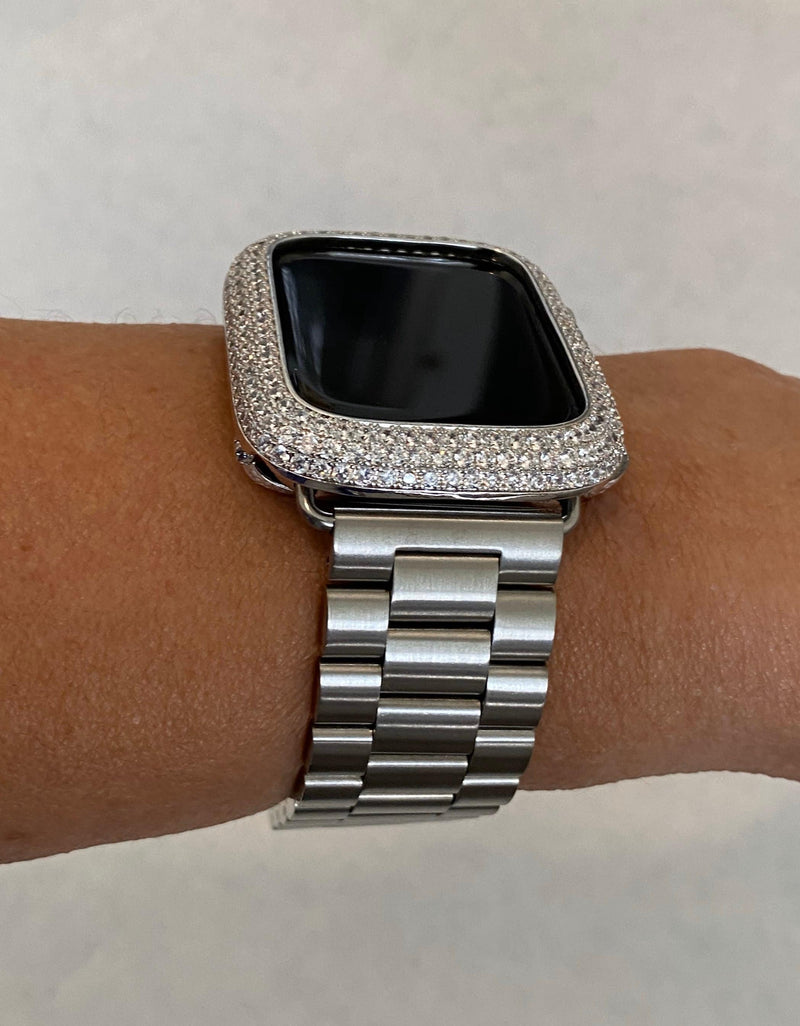 Series 108 Apple Watch Band Silver Rolex Style and or Lab Diamond Bezel Cover 38mm 40mm 41mm 42mm 44mm 45mm