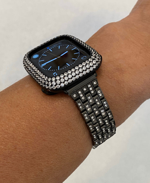 Series 2-9 Black Apple Watch Band Crystals & or Apple Watch Cover Lab Diamond Bezel Apple Watch Case Iwatch Candy Bling 38mm-49mm