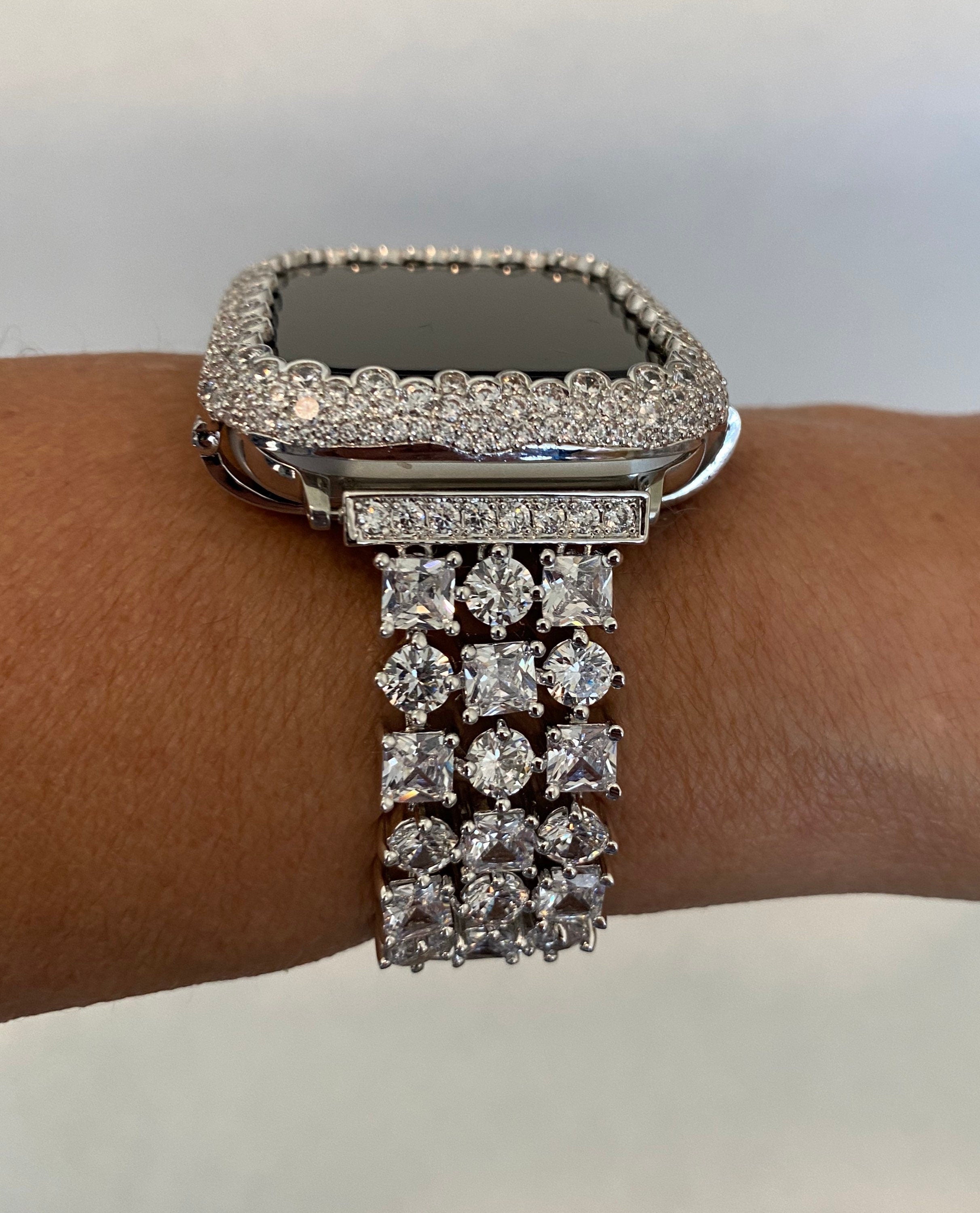 Apple Watch Band Women Silver Swarovski Crystal & or Apple Watch Case Lab Diamond Bezel Apple Watch Cover Iwatch Candy Bling 38mm-49mm Ultra