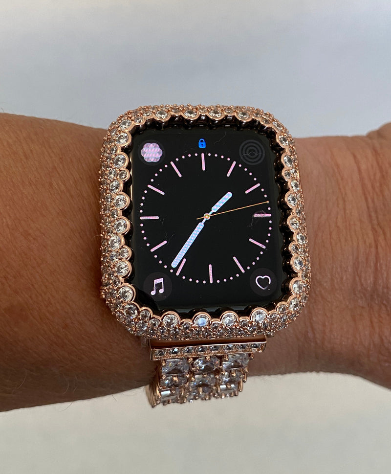 Designer Series 7,8 Apple Watch Band 41mm 45mm Women's Rose Gold Swarovski Crystals & or Lab Diamond Bezel Cover Smartwatch Bumper Bling