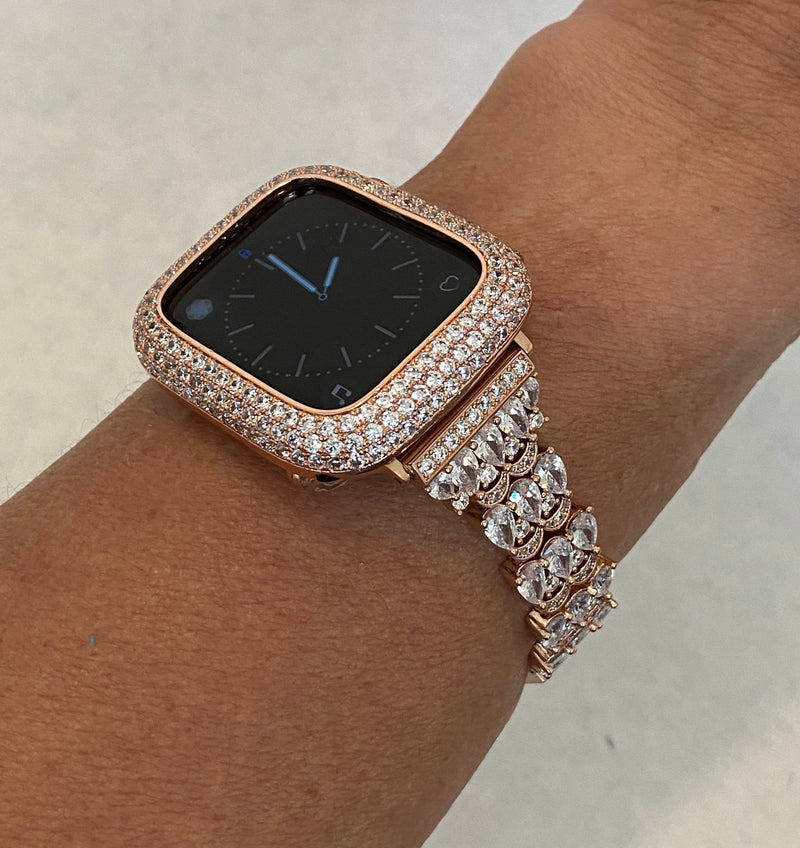 Apple Watch Band Women Rose Gold Crystal Bracelet & or Apple Watch Cover Lab Diamond Bezel Apple Watch Cover 38-49mm Gift for her