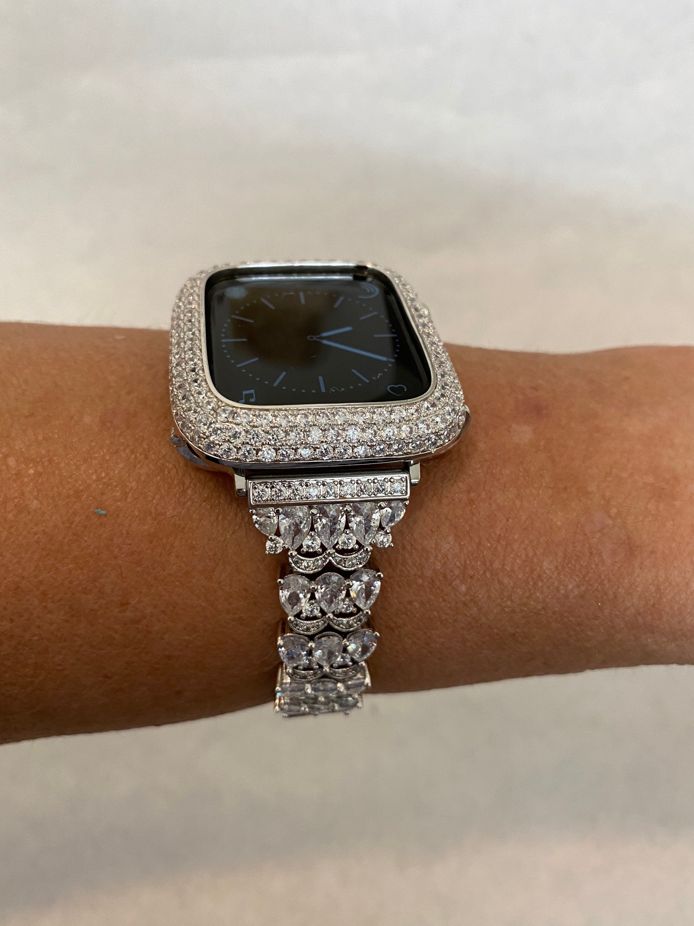 Apple Watch Band 41mm 45mm 49mm Ultra Series 7,8 Women's Silver & or Smartwatch Lab Diamond Cover Bumper Iwatch Bling 38mm 42mm 44mm