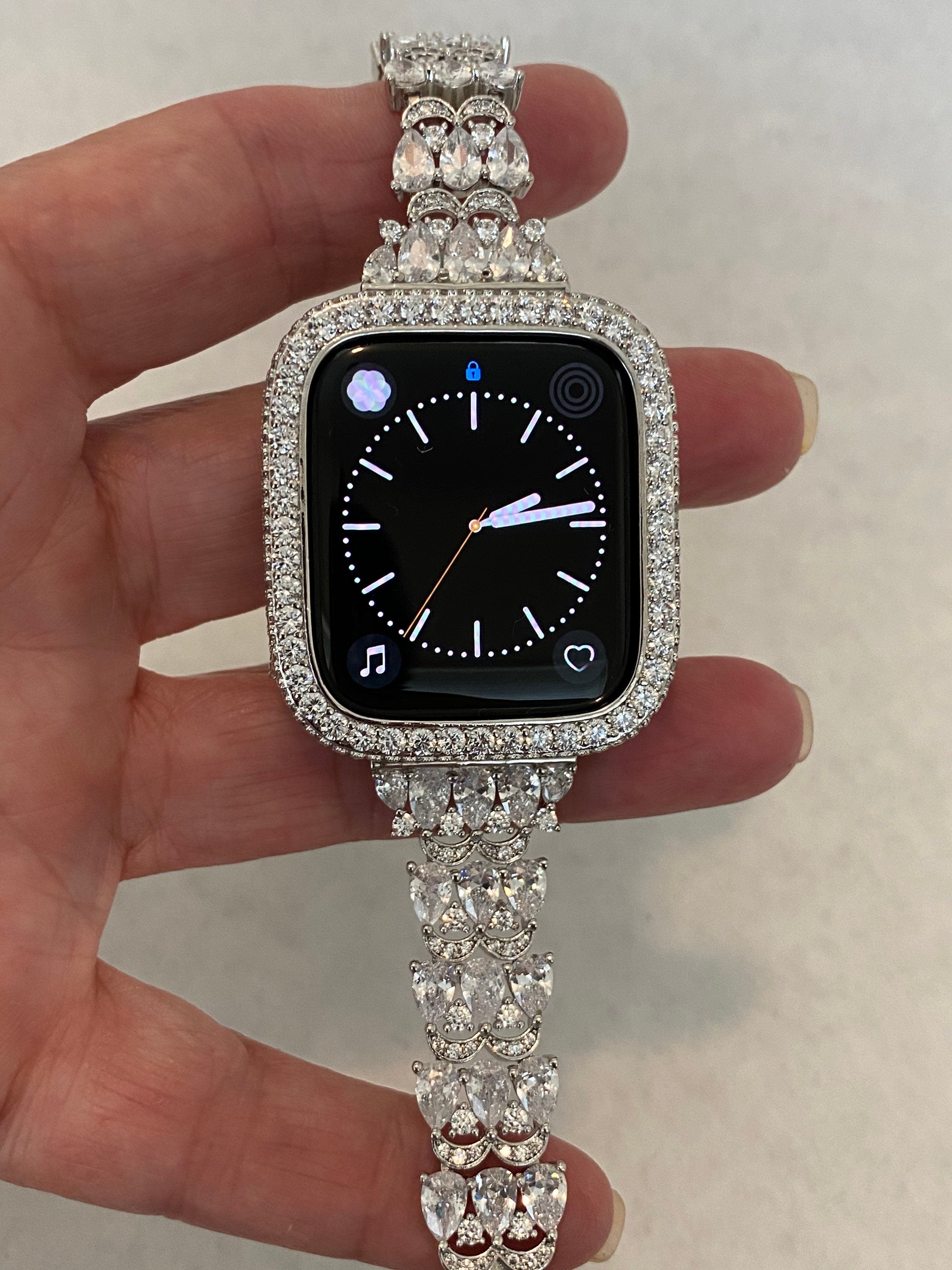 Apple Watch Band Silver Swarovski Crystals 38mm-49mm Ultra & or Apple Watch Cover Lab Diamond Bezel Smartwatch Bumper Bling Iphone Watch