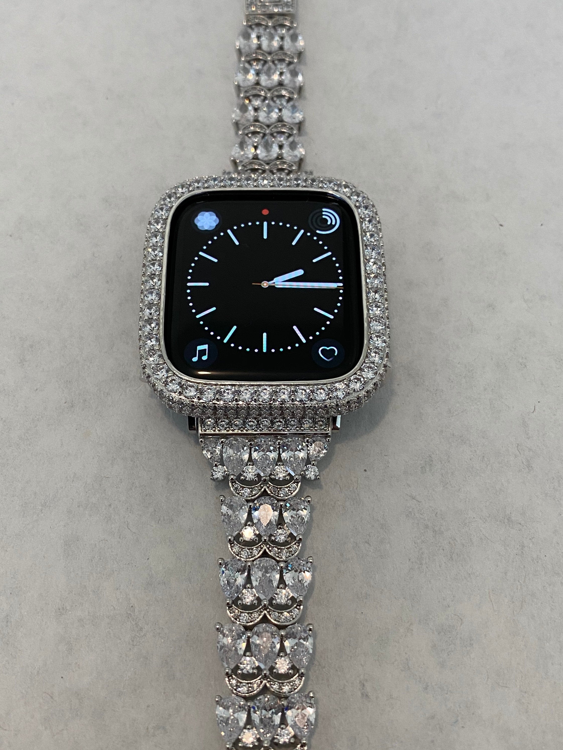 Apple Watch Band Silver Swarovski Crystals 38mm-49mm Ultra & or Apple Watch Cover Lab Diamond Bezel Smartwatch Bumper Bling Iphone Watch