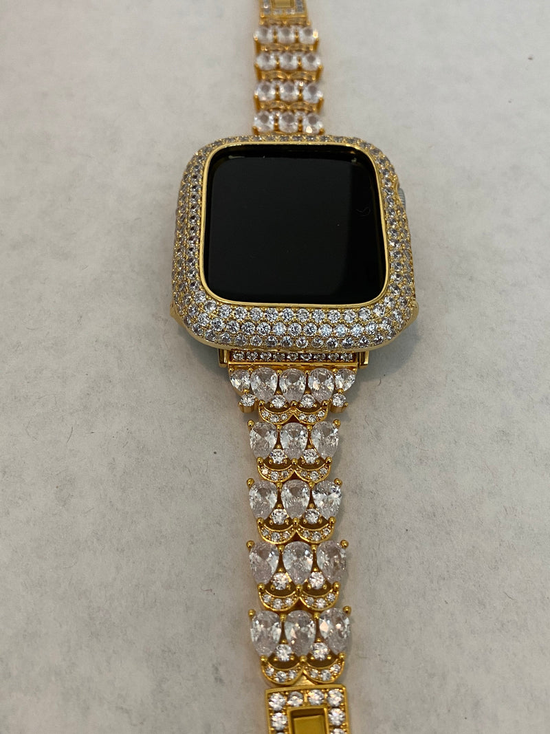 Apple Watch Band Women's Gold Crystals 41mm 45mm 49mm Ultra & or Pave Lab Diamond Bezel Bumper Bling 38mm 40mm 42mm 44mm Han..