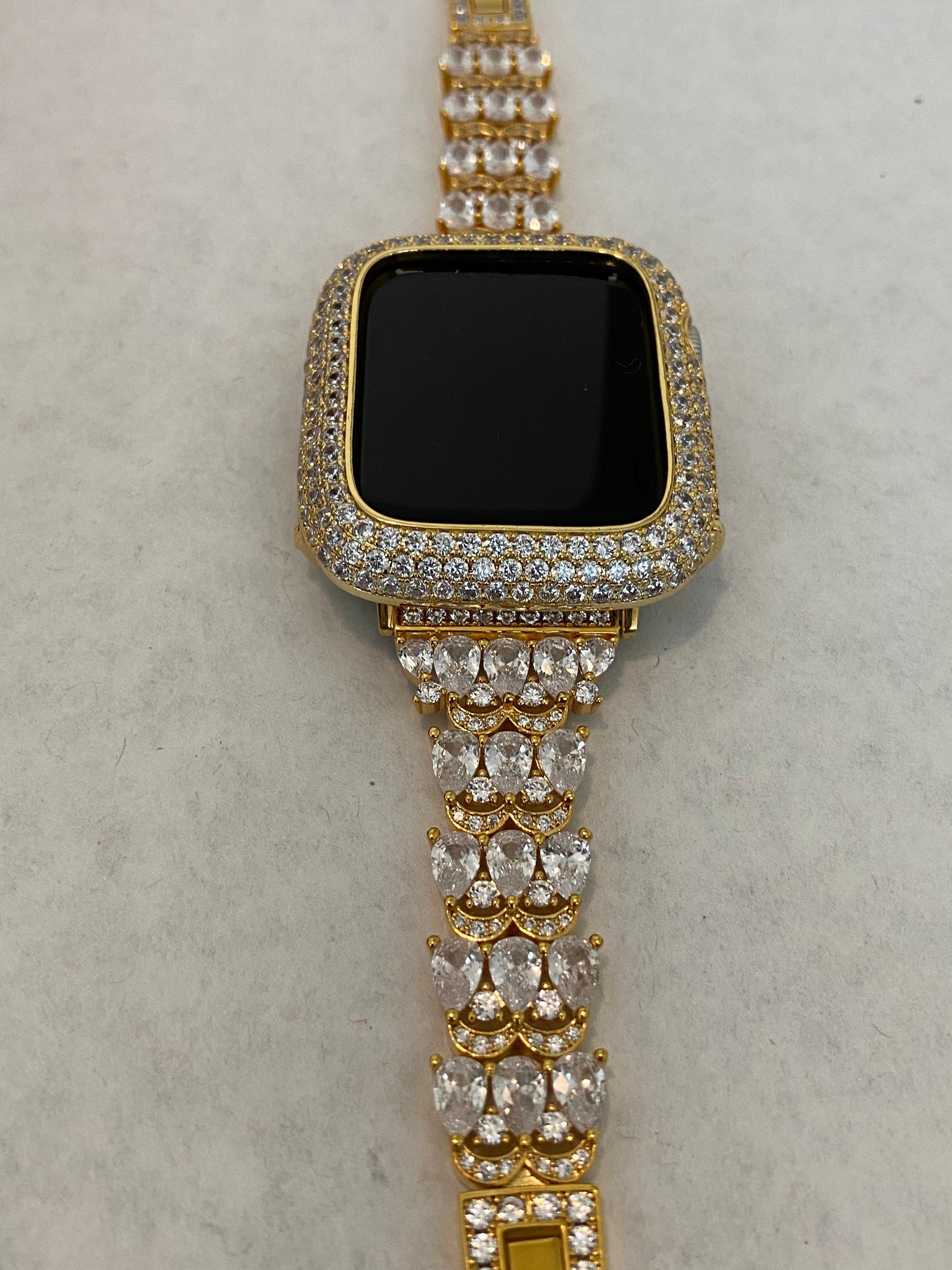 Apple Watch Band Women's Gold Swarovski Crystals 41mm 45mm 49mm Ultra & or Pave Lab Diamond Bezel Bumper Bling 38mm 40mm 42mm 44mm Han..