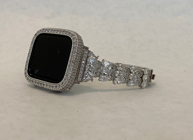 White Gold Apple Watch Band Women Swarovski Crystals 38 40 41 42 44 45mm & or Silver Smartwatch Lab Diamond Bezel Cover Bling