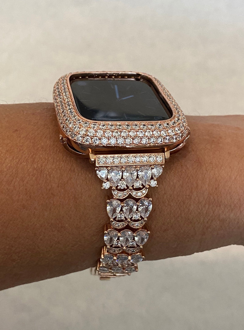 Series 7-8 41mm 45mm Apple Watch Band Rose Gold Swarovski Crystals & or Lab Diamond Bezel Cover Smartwatch Bumper Case 38-45mm S1-7