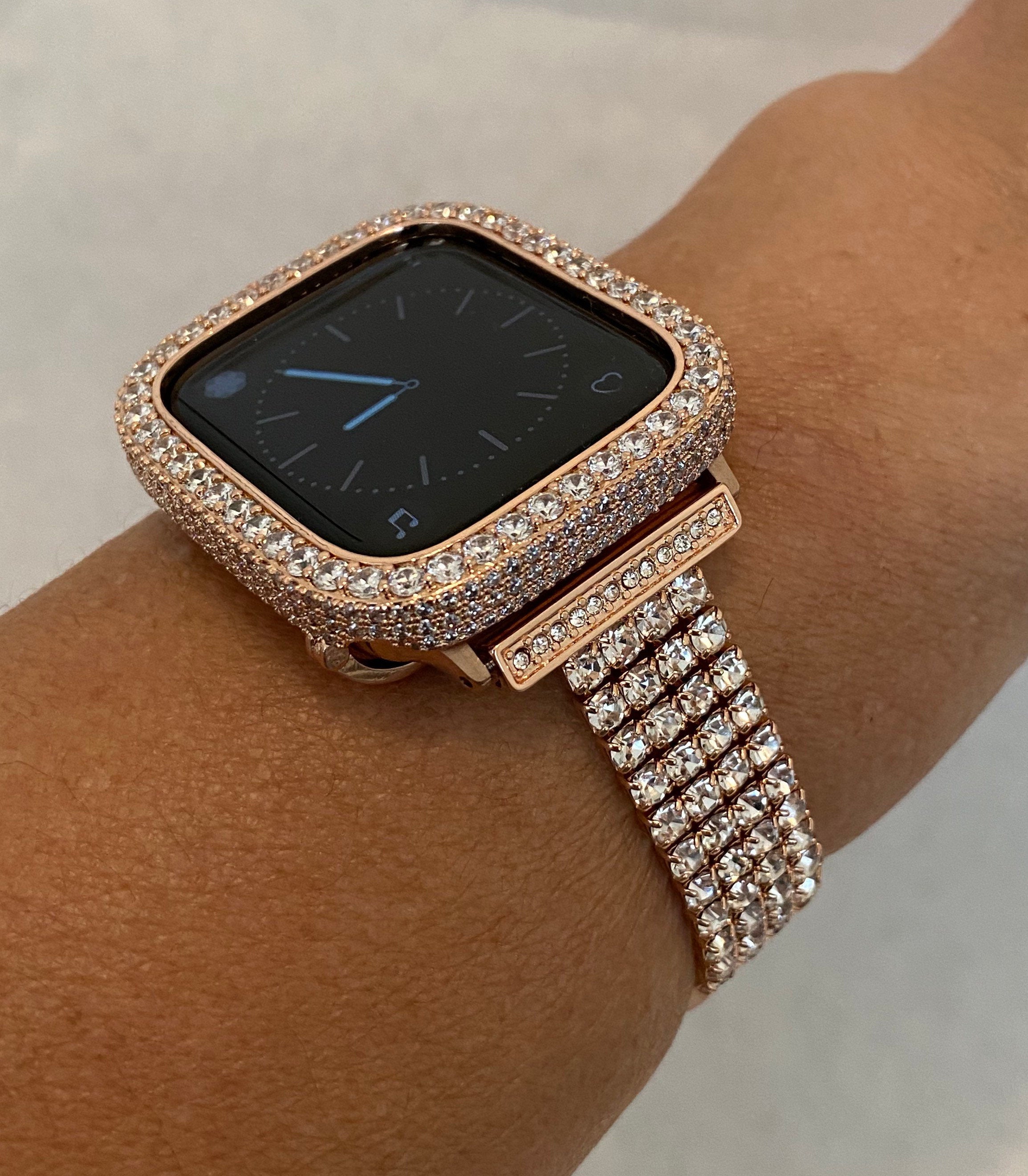 Apple Watch Band 49mm Ultra Rose Gold Crystals & or Apple Watch Cover Lab Diamond Bezel Case Smartwatch Bumper Bling 38mm-49mm