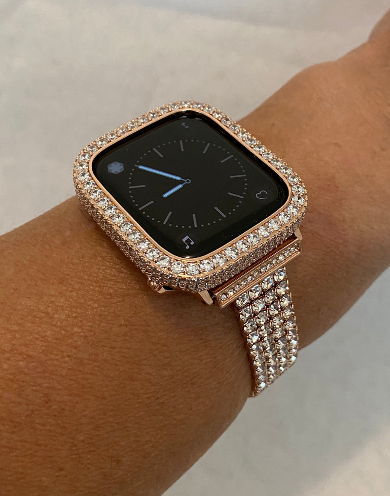 Apple Watch Band 49mm Ultra Rose Gold Crystals & or Apple Watch Cover Lab Diamond Bezel Case Smartwatch Bumper Bling 38mm-49mm