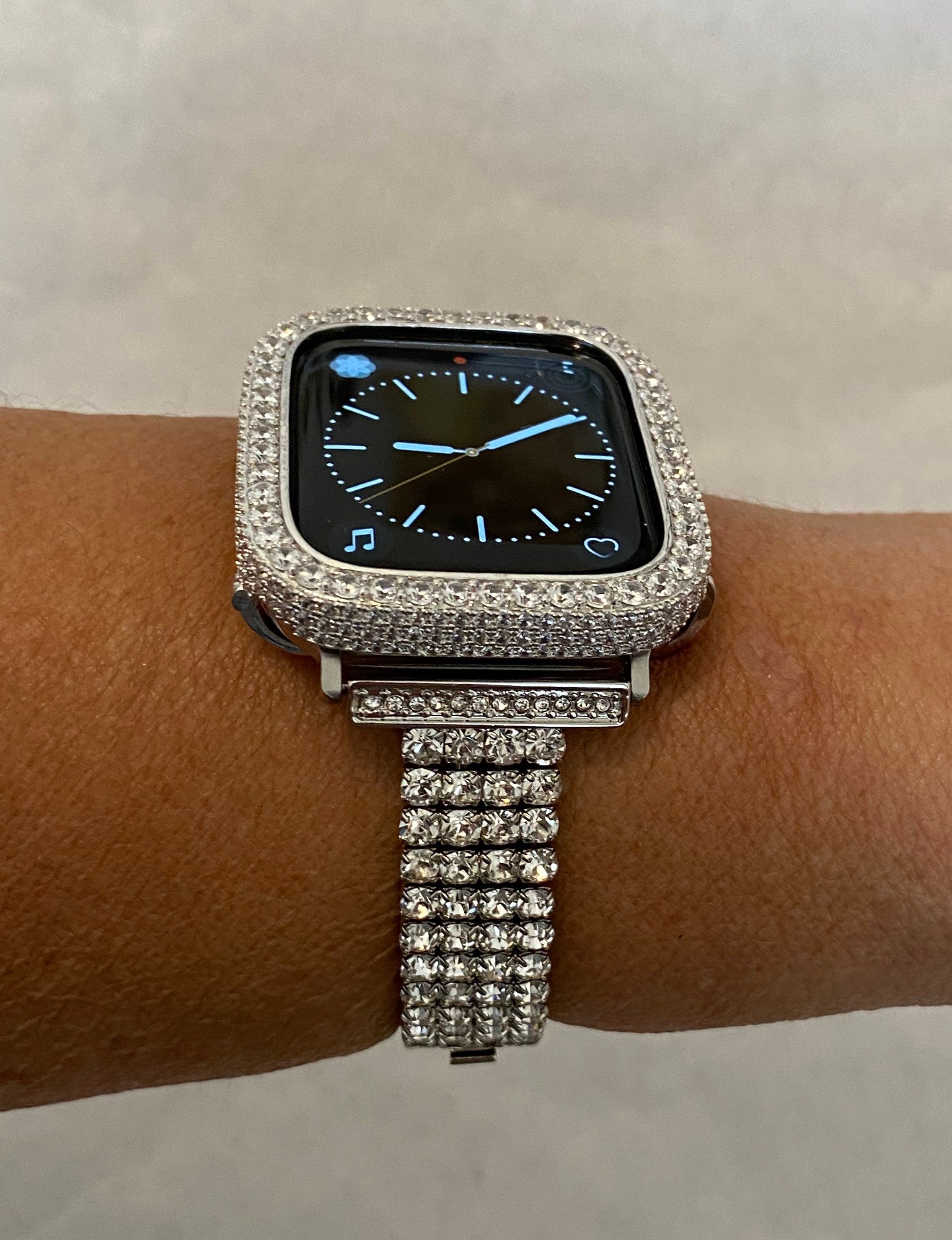 Silver Apple Watch Band and or Custom White Gold Apple Watch Cover Bezel Lab Diamonds 38 40 41 42 44 45mm, Smartwatch Bumper