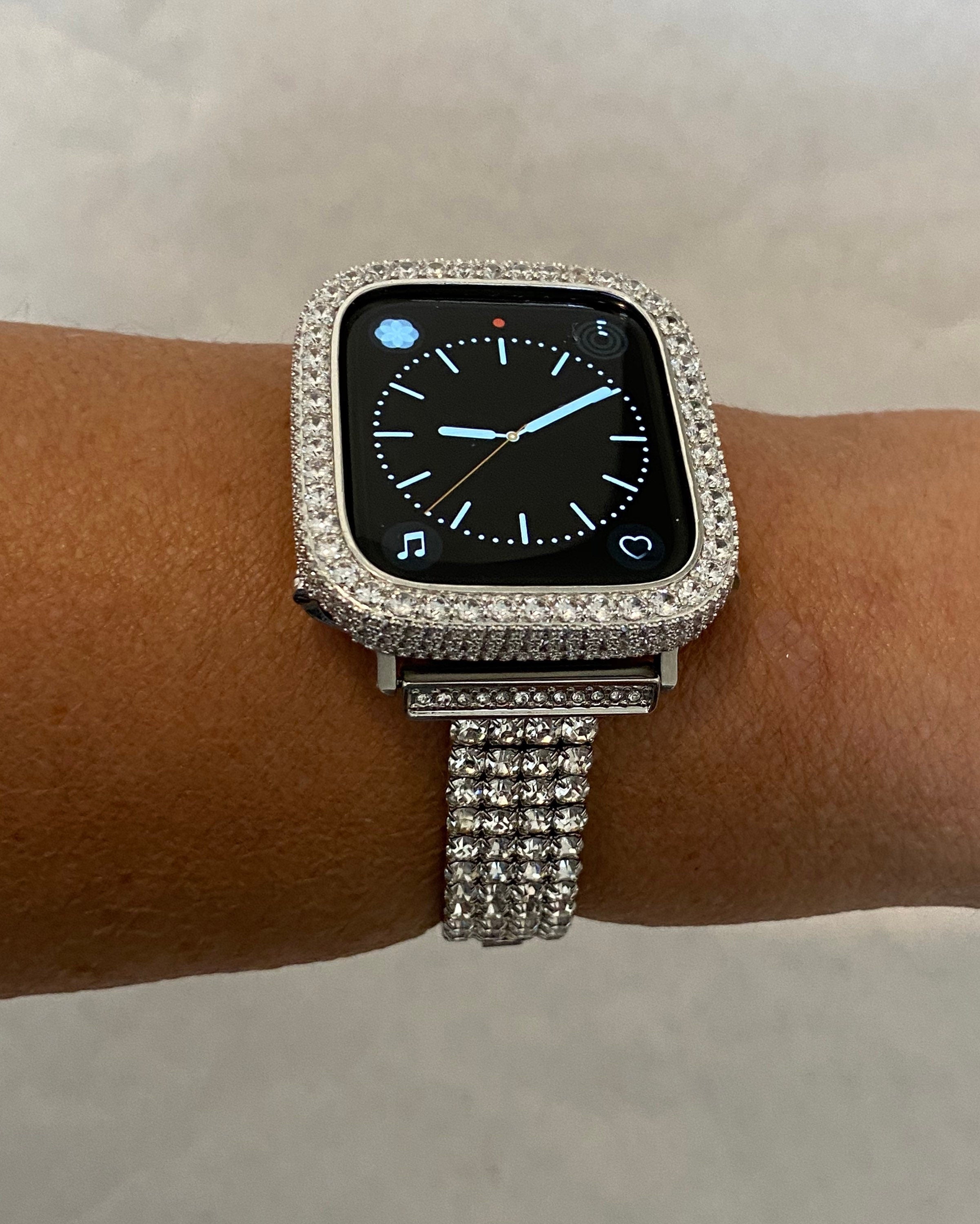 Silver Apple Watch Band and or Custom White Gold Apple Watch Cover Bezel Lab Diamonds 38 40 41 42 44 45mm, Smartwatch Bumper