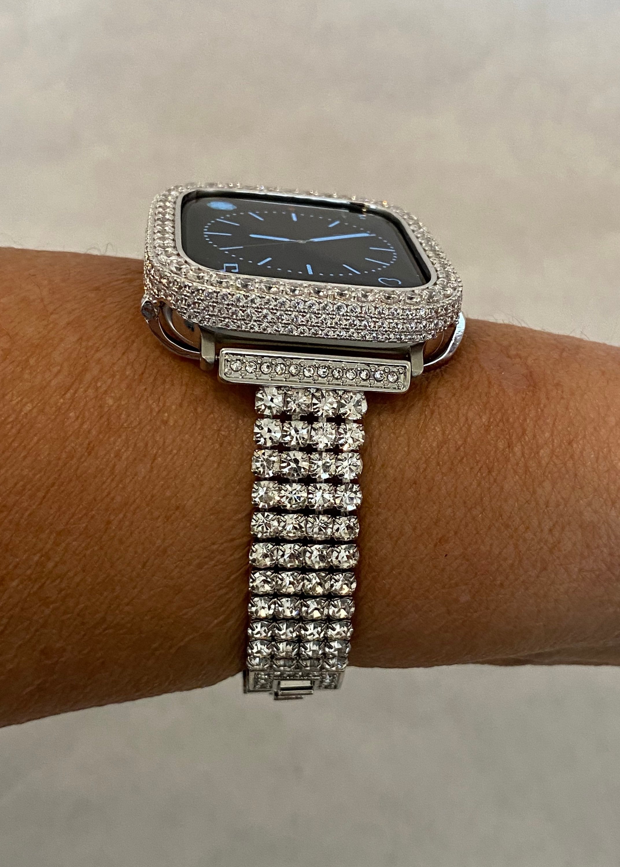 Silver Apple Watch Band and or Custom White Gold Apple Watch Cover Bezel Lab Diamonds 38 40 41 42 44 45mm, Smartwatch Bumper