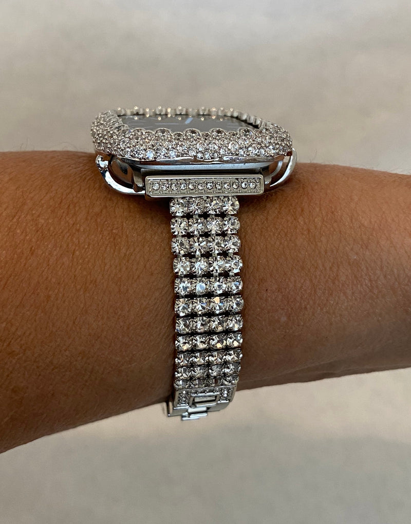 Series 7-8 Apple Watch Band 41mm 45mm Silver Crystals 49mm Ultra & or Lab Diamond Bezel Case Smartwatch Bumper 38mm-45mm Bling