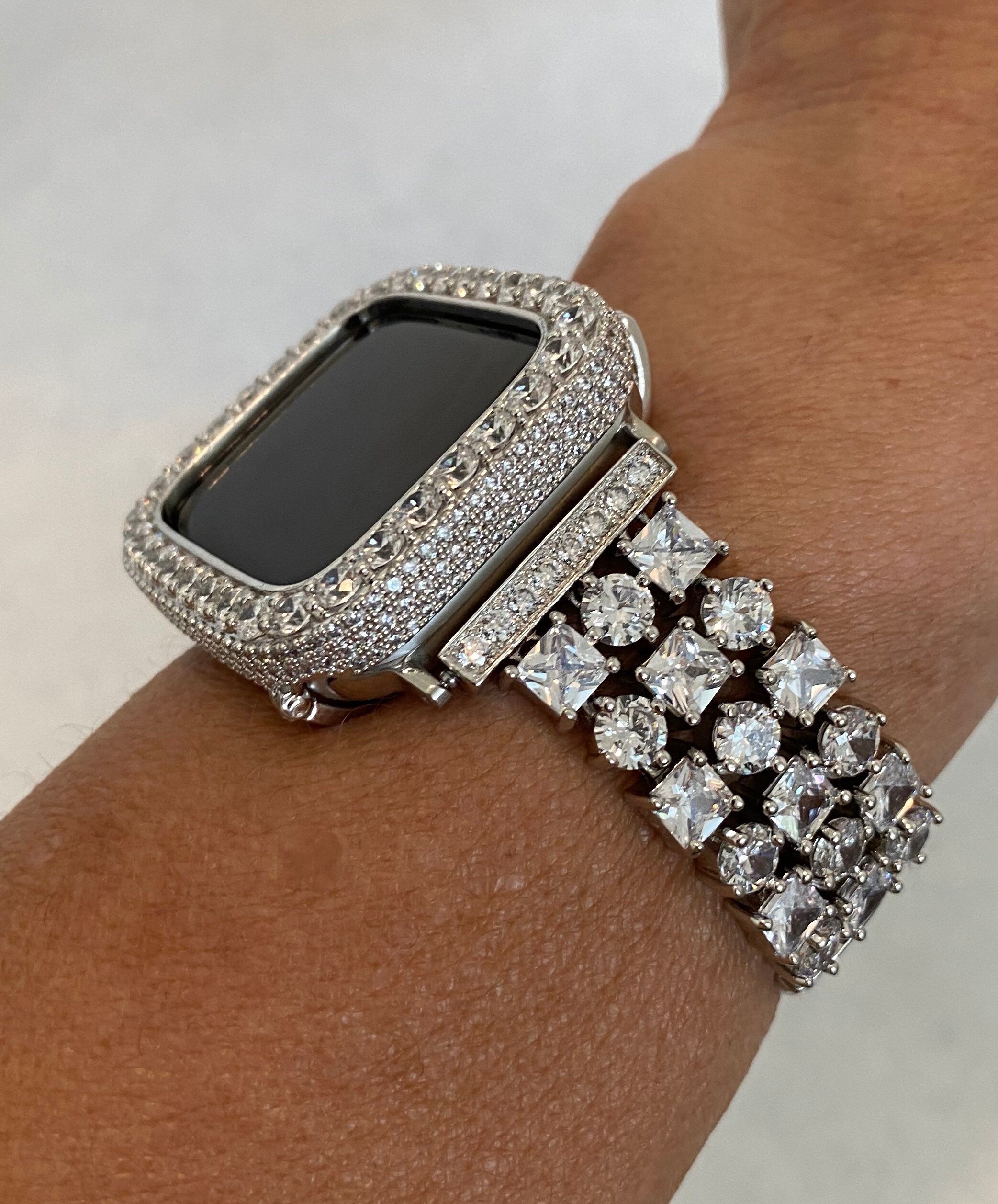 Series 2-9 Apple Watch Band Silver Crystals & or Lab Diamond Bezel Cover 38mm 40mm 41mm 42mm 44mm 45mm Smartwatch Bumper