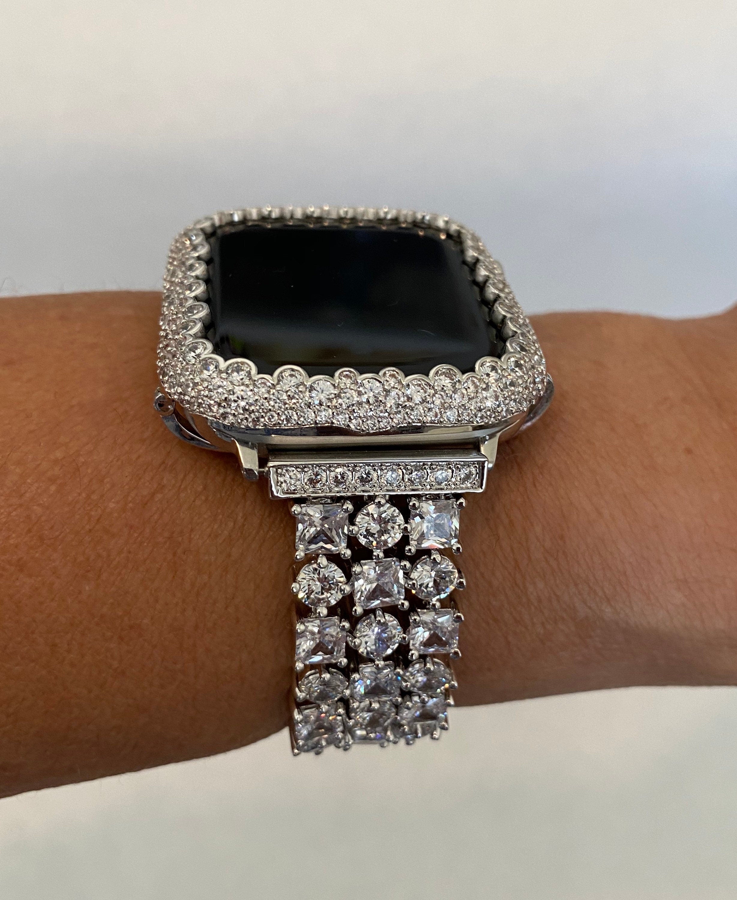 Apple Watch Band Women Silver Swarovski Crystal & or Apple Watch Case Lab Diamond Bezel Apple Watch Cover Iwatch Candy Bling 38mm-49mm Ultra