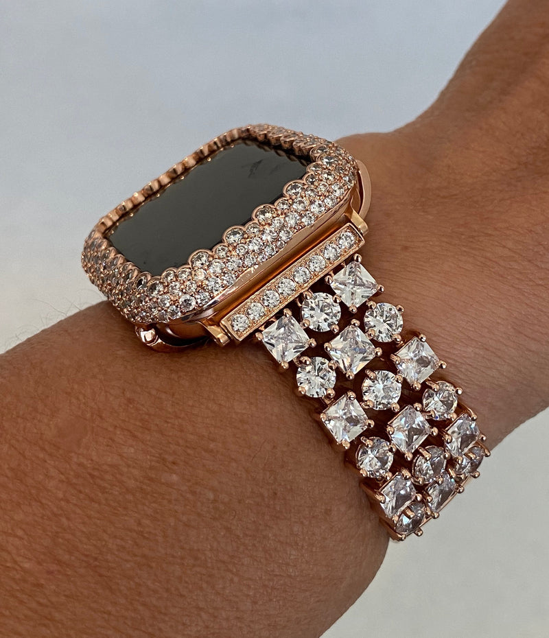 Designer Series 7,8 Apple Watch Band 41mm 45mm Women's Rose Gold Swarovski Crystals & or Lab Diamond Bezel Cover Smartwatch Bumper Bling