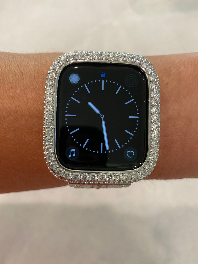 Silver Apple Watch Bezel, Metal Lab Diamond Cover 2.5mm Iwatch Bling 38mm 40mm 42mm 44mm Custom Handmade