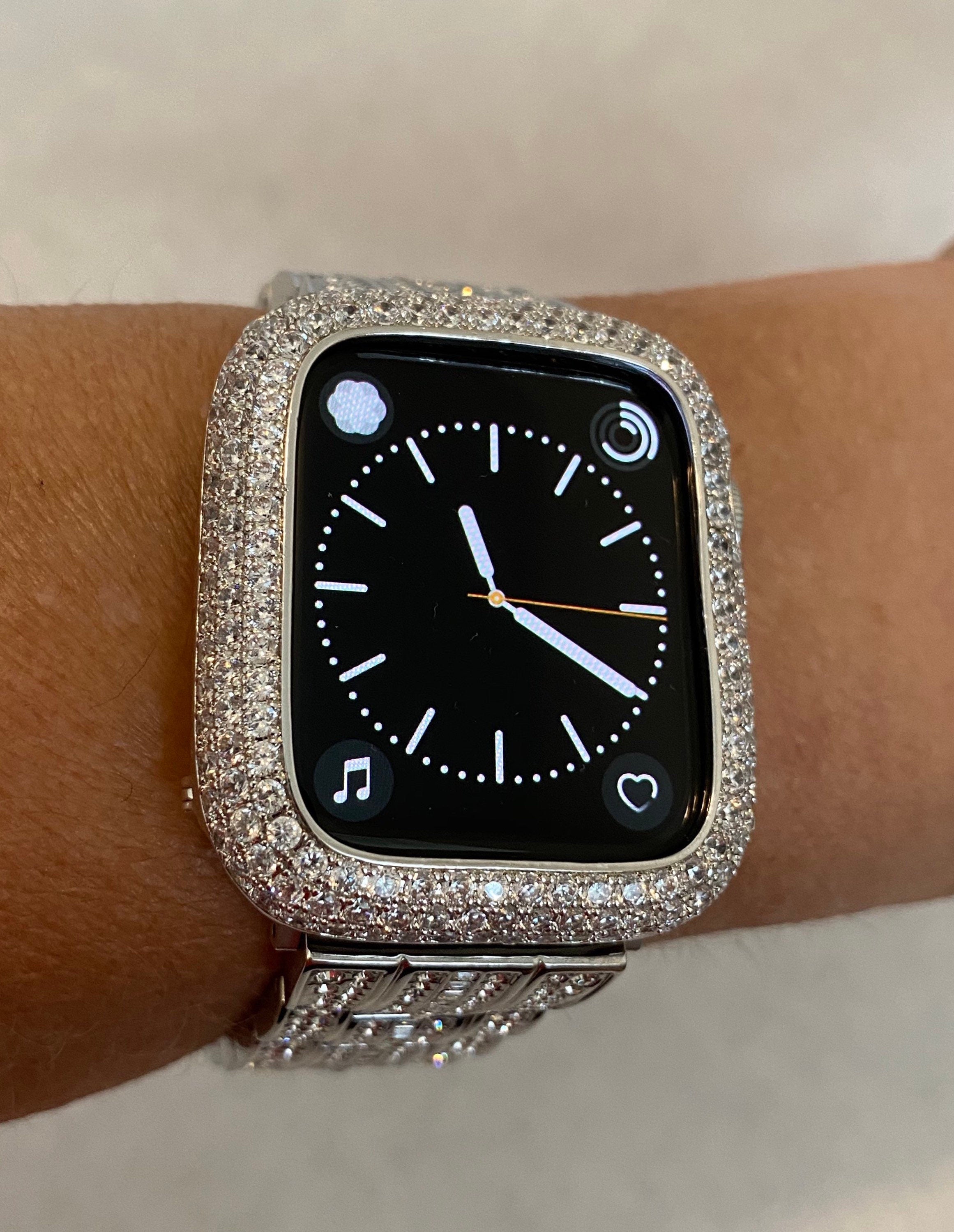 Designer Silver Apple Watch Cover with Lab Diamond Crystals set in 14k White gold. Comes in Series 1,2,3,4,5,6,7,8 SE Iwatch Bling 38mm 40mm 41mm 42mm 44mm 45mm 49mm Iwatch Candy