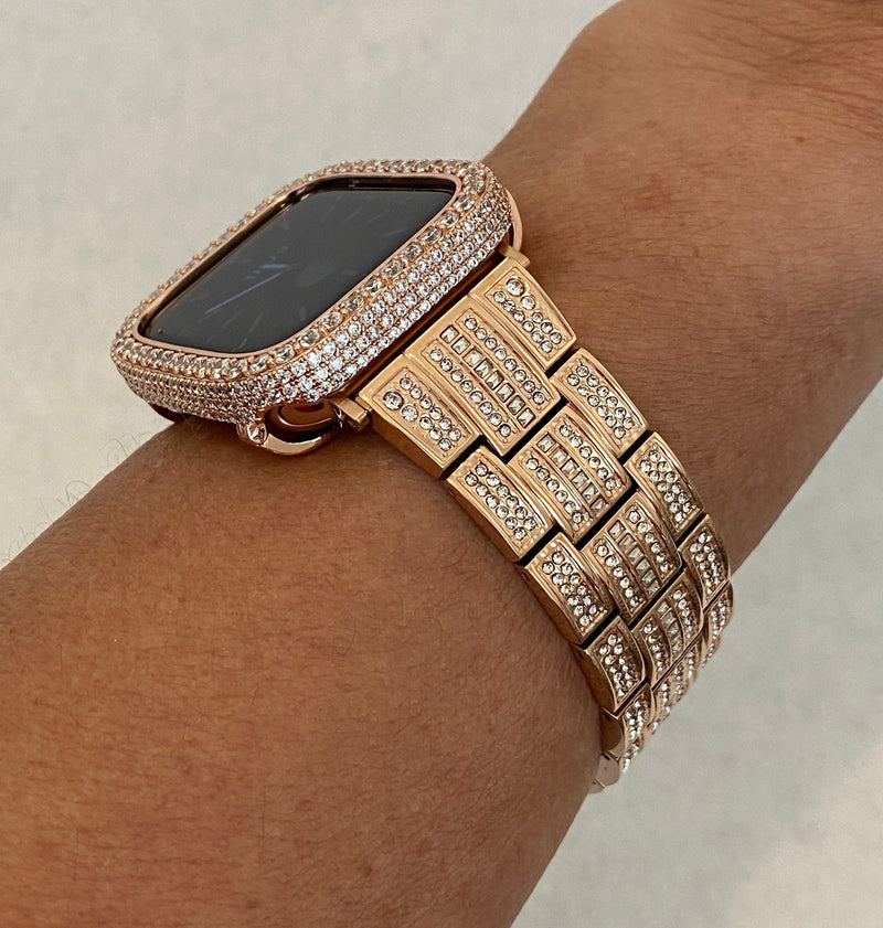 Series 8 Apple Watch Band 41mm 45mm Swarovski Crystals & or Rose Gold Lab Diamond Pave Bezel Cover 38mm-44mm Series 1-8