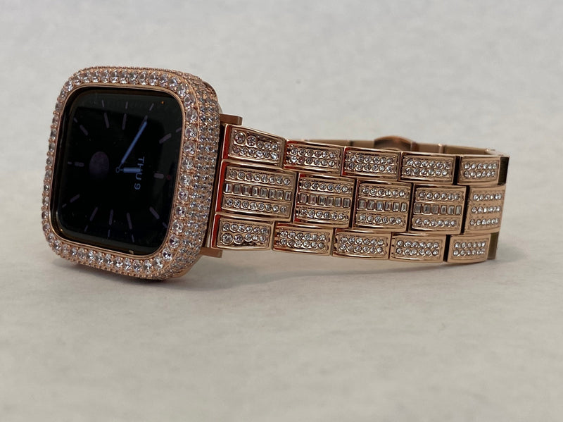 Series 8 Apple Watch Band 41mm 45mm Swarovski Crystals & or Rose Gold Lab Diamond Pave Bezel Cover 38mm-44mm Series 1-8