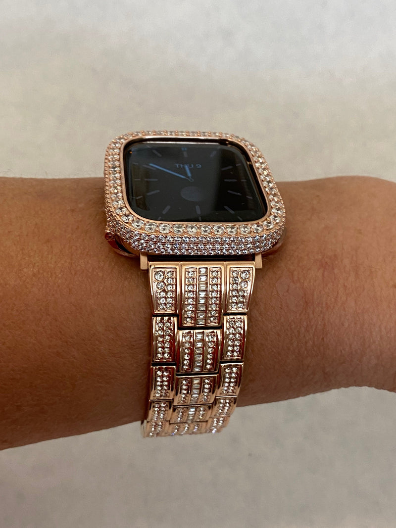 Series 8 Apple Watch Band 41mm 45mm Swarovski Crystals & or Rose Gold Lab Diamond Pave Bezel Cover 38mm-44mm Series 1-8