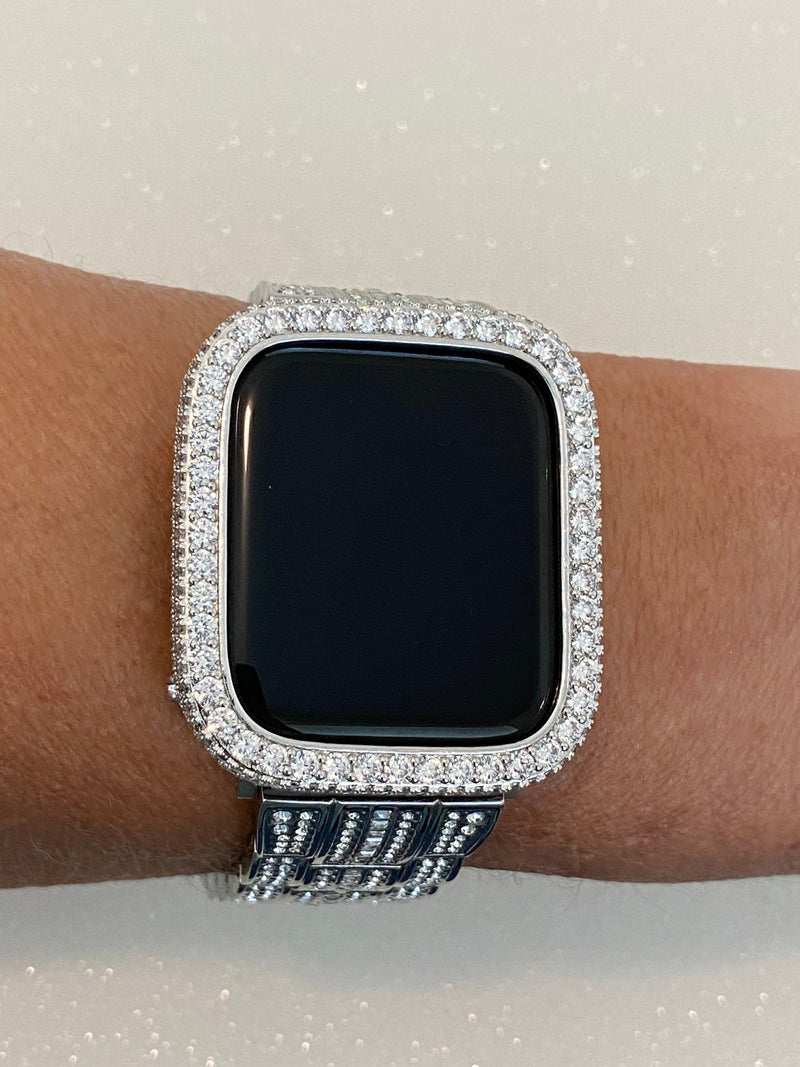 49mm Ultra Apple Watch Cover Silver Lab Diamond Bezel set in 14k White Gold Plated Metal Iwatch Case Bling 38mm 40mm 41mm 42mm 44mm 45mm, Iwatch Candy