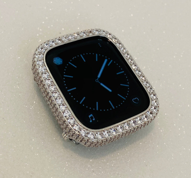 Custom Apple Watch Cover Womens Silver Lab Diamond Bezel set in 14k White Gold Plated Metal Iwatch Case Bling 38mm 40mm 41mm 42mm 44mm 45mm, 49mm Ultra Iwatch Candy