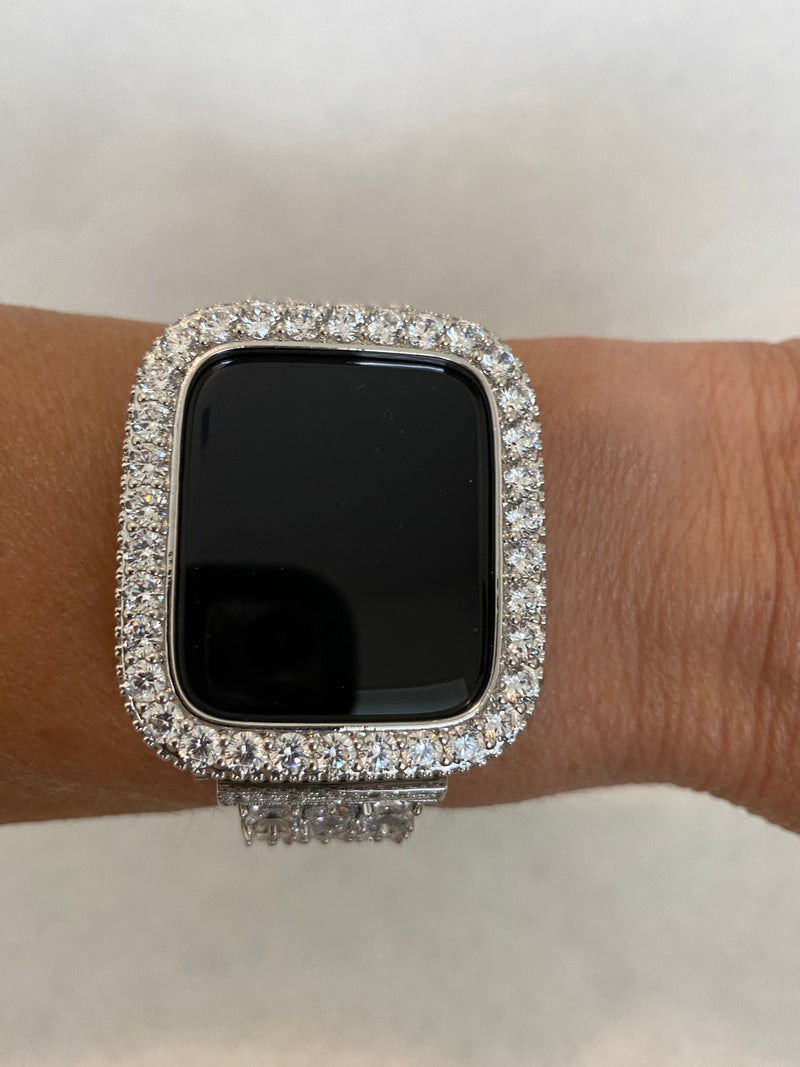 Series 1-8 Apple Watch Band Silver Swarovski Crystals & or Lab Diamond Bezel Cover 38mm 40mm 41mm 42mm 44mm 45mm Smartwatch Bumper