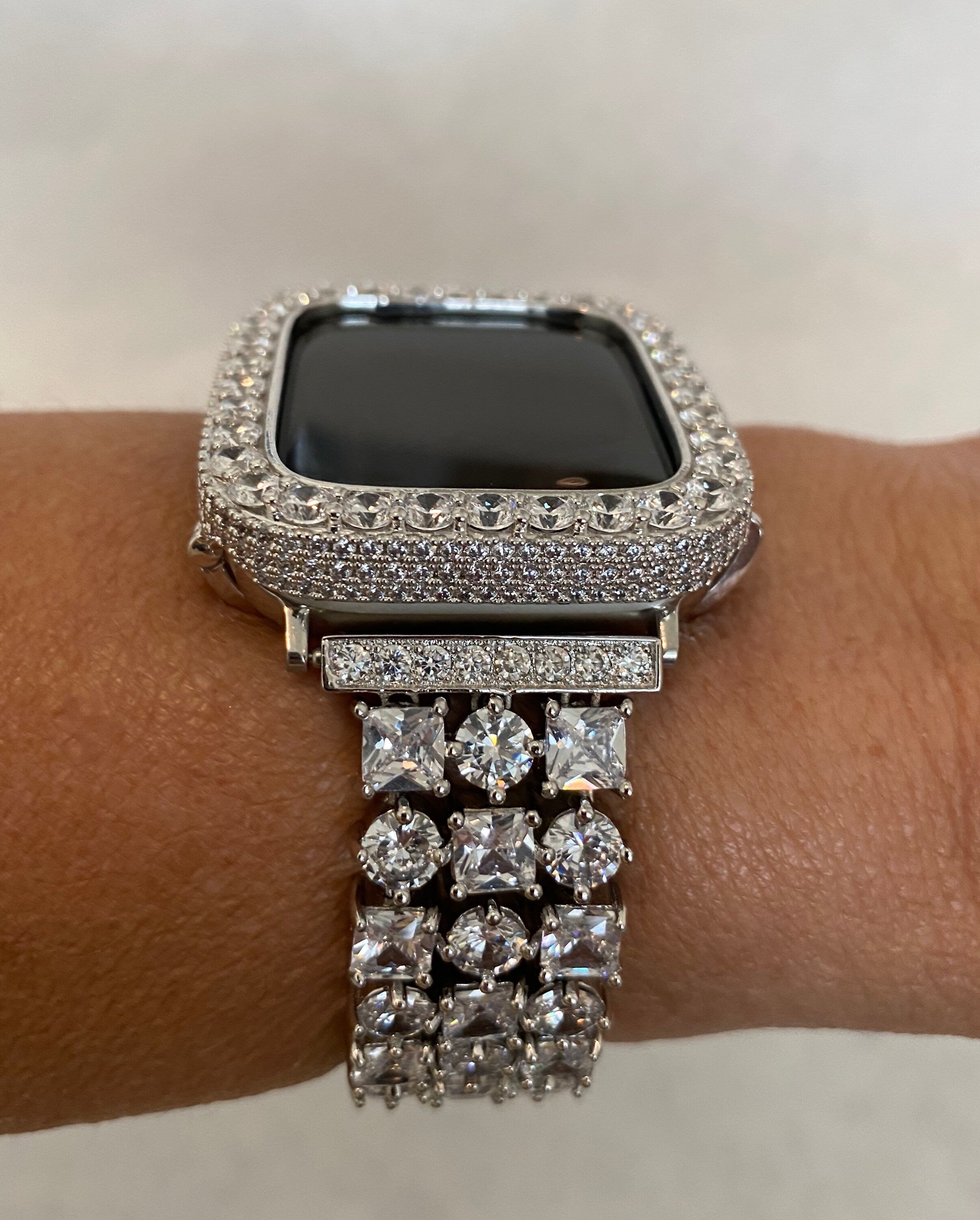 Series 2-9 Apple Watch Band Silver Crystals & or Lab Diamond Bezel Cover 38mm 40mm 41mm 42mm 44mm 45mm Smartwatch Bumper