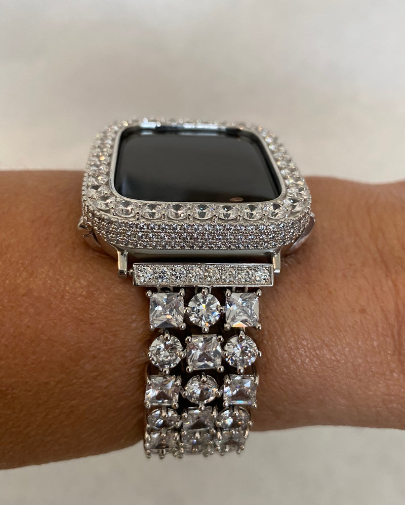 Series 1-8 Apple Watch Band Silver Swarovski Crystals & or Lab Diamond Bezel Cover 38mm 40mm 41mm 42mm 44mm 45mm Smartwatch Bumper