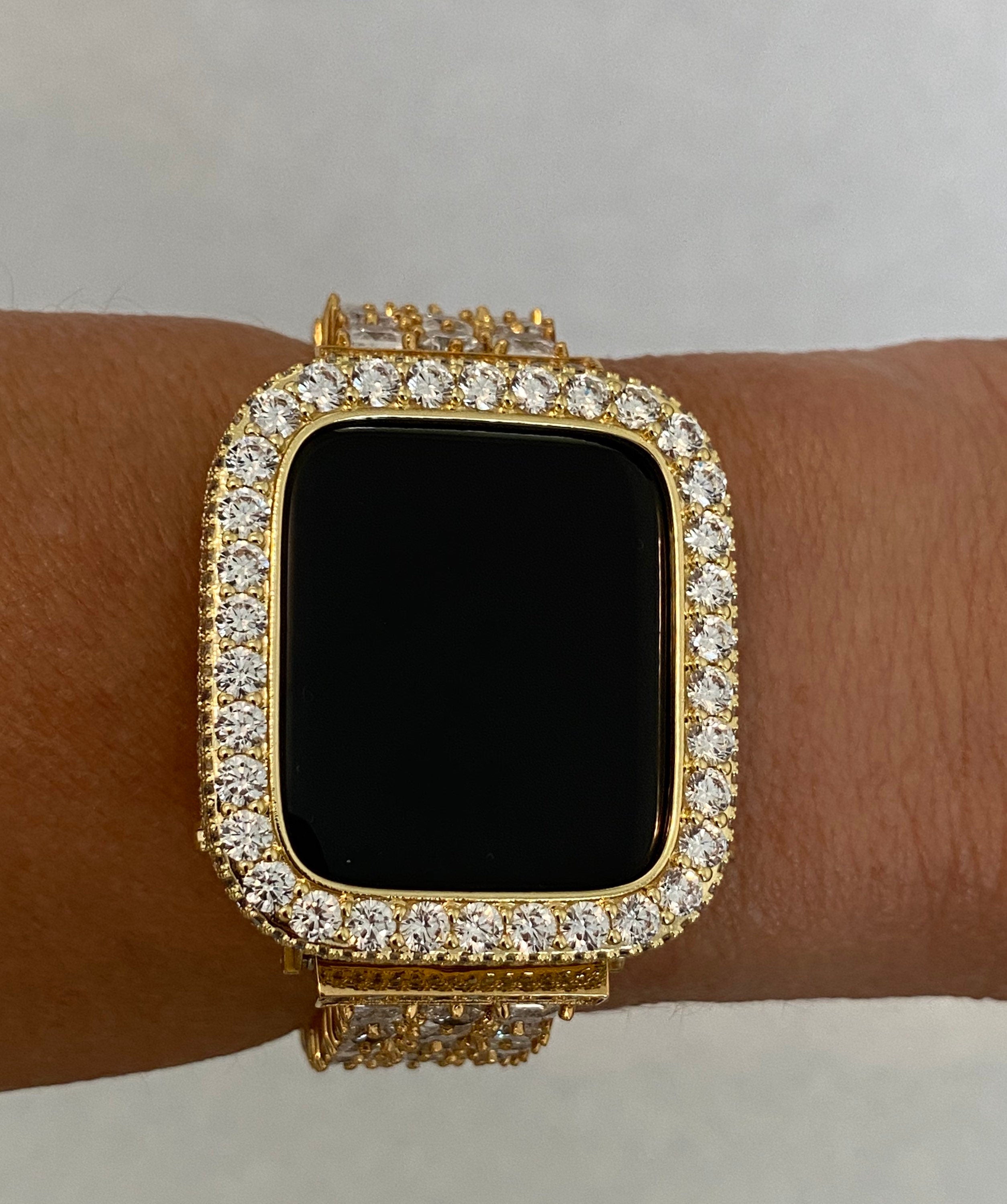 Custom Yellow Gold Apple Watch Bezel 3.5mm Lab Diamond Cover Iwatch Band Bling 38mm 40mm 41mm 42mm 44mm 45mm S1-8 Iwatch Candy