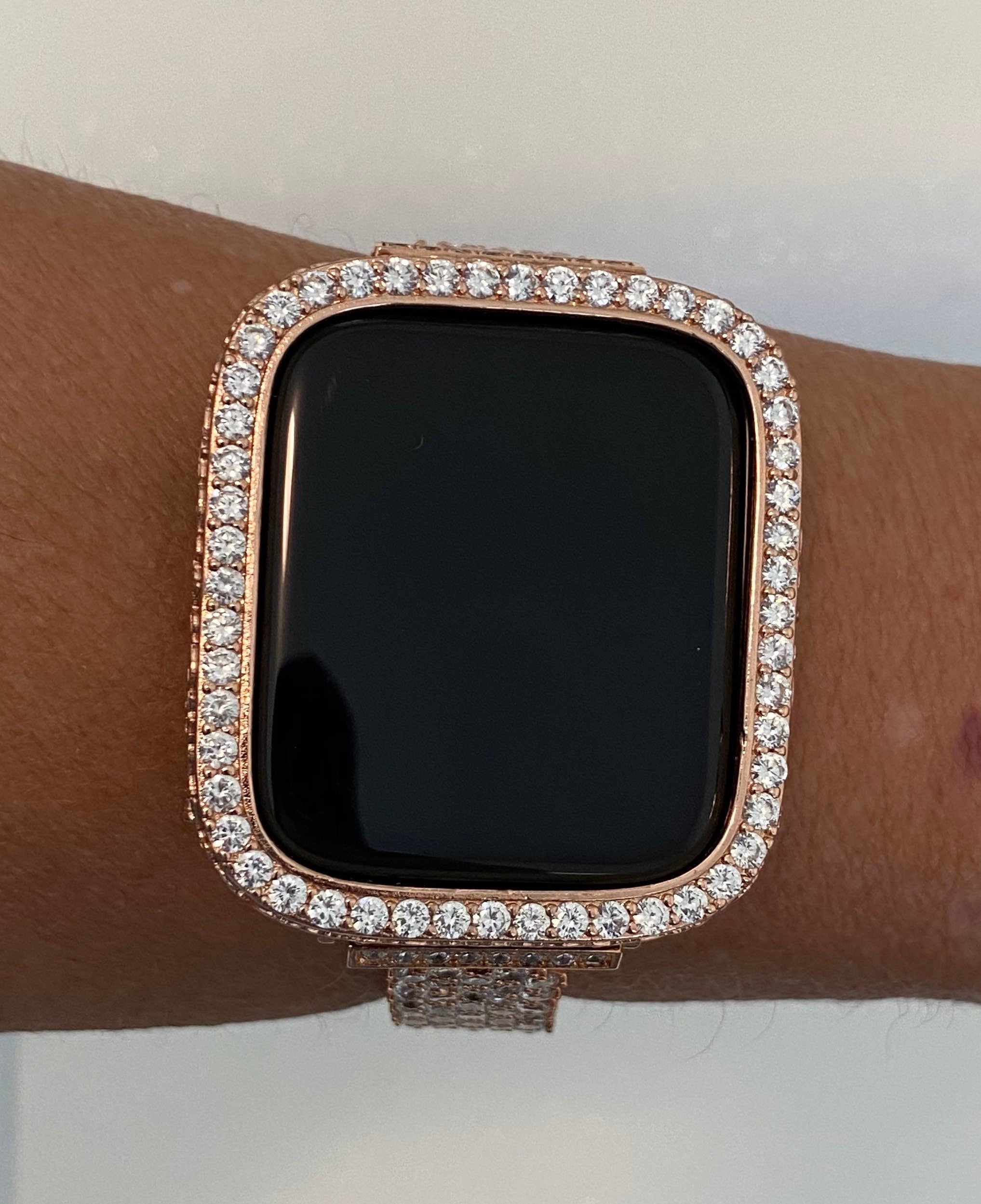 Designer Rose Gold Apple Watch Cover Set with Lab Diamonds, Apple Watch Case Bumper 38mm 40mm 41mm 42mm 44mm 45mm 49mm Ultra