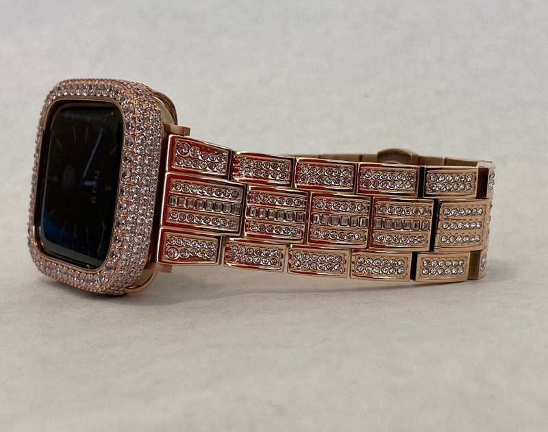 Series 8 Apple Watch Band 41mm 45mm Swarovski Crystals & or Rose Gold Lab Diamond Pave Bezel Cover 38mm-44mm Series 1-8