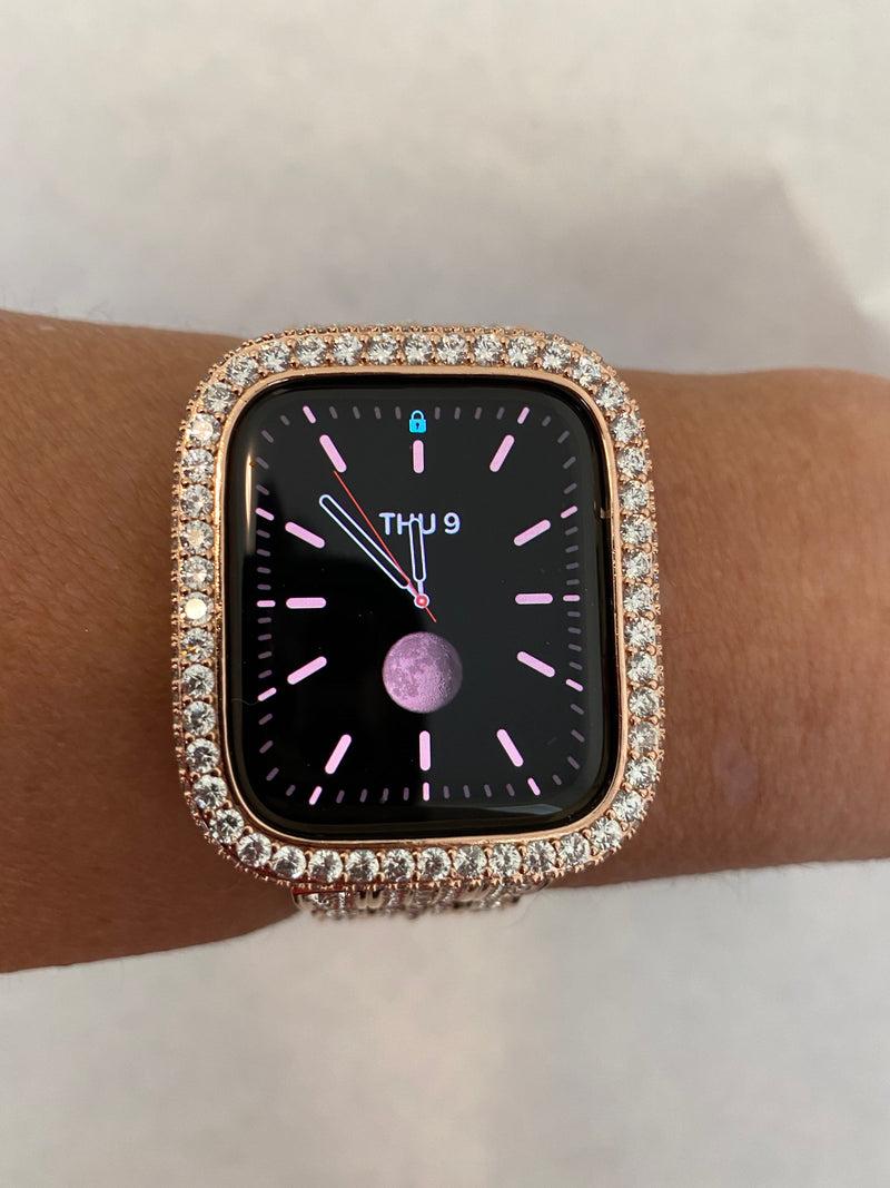 Series 8 Apple Watch Band 41mm 45mm Swarovski Crystals & or Rose Gold Lab Diamond Pave Bezel Cover 38mm-44mm Series 1-8