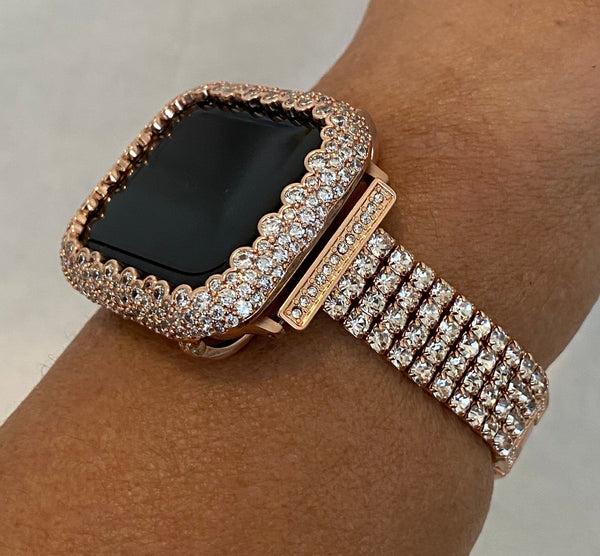 Iwatch Candy 41mm 45mm 49mm Ultra Apple Watch Band Women Rose Gold Swarovski Crystals & or Apple Watch Cover Lab Diamond Bezel Iwatch Candy Bling Bumper