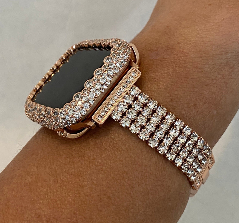 Luxury 41mm 45mm 49mm Ultra Apple Watch Band Women Rose Gold Swarovski Crystals & or Apple Watch Cover Lab Diamond Bezel Iwatch Candy Bling Bumper