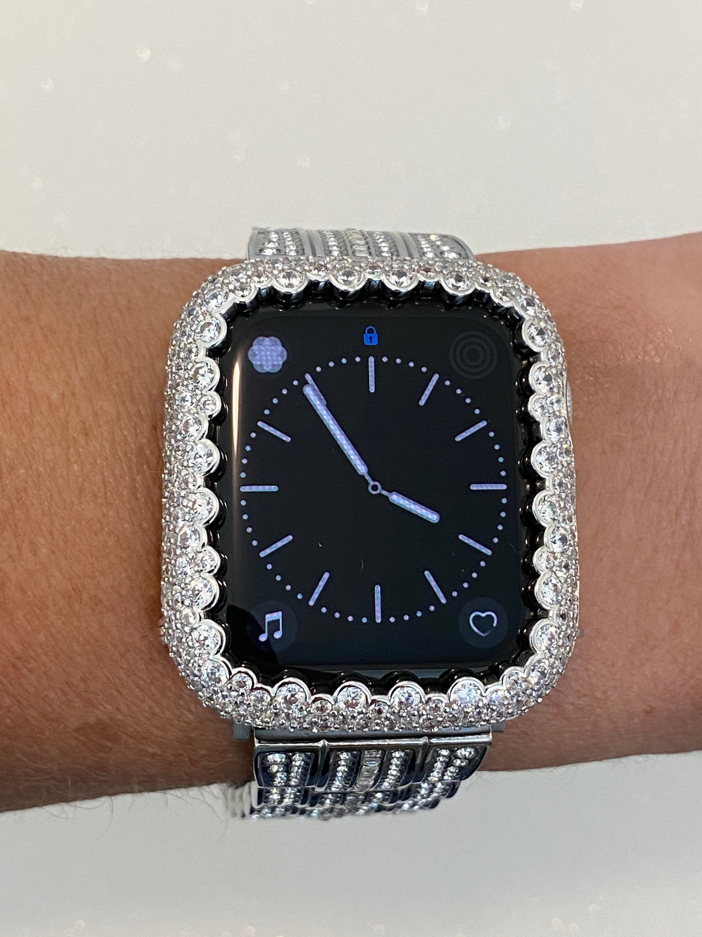 Designer Silver Apple Watch Cover Womens with Lab Diamonds set in 14K White Gold Apple Watch Case Protective Bumper 38mm 40mm 41mm 42mm 44mm 45mm 49mm Ultra By Iwatch Candy