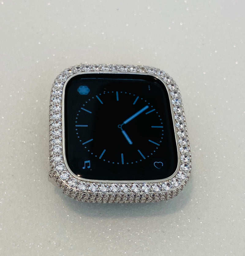 Series 2-9 Custom Apple Watch Cover 41mm 45mm 49mm Ultra Silver Lab Diamond Bezel, Iwatch Case Bling 38mm 40mm 42mm 44mm, Smartwatch Bumper