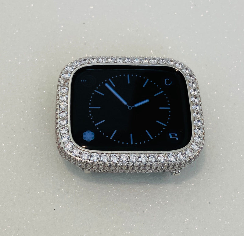 Series 7-8 Custom Apple Watch Cover 41mm 45mm Silver Lab Diamond Bezel, Metal Iwatch Case Bling 38mm 40mm 42mm 44mm, Smartwatch Bumper