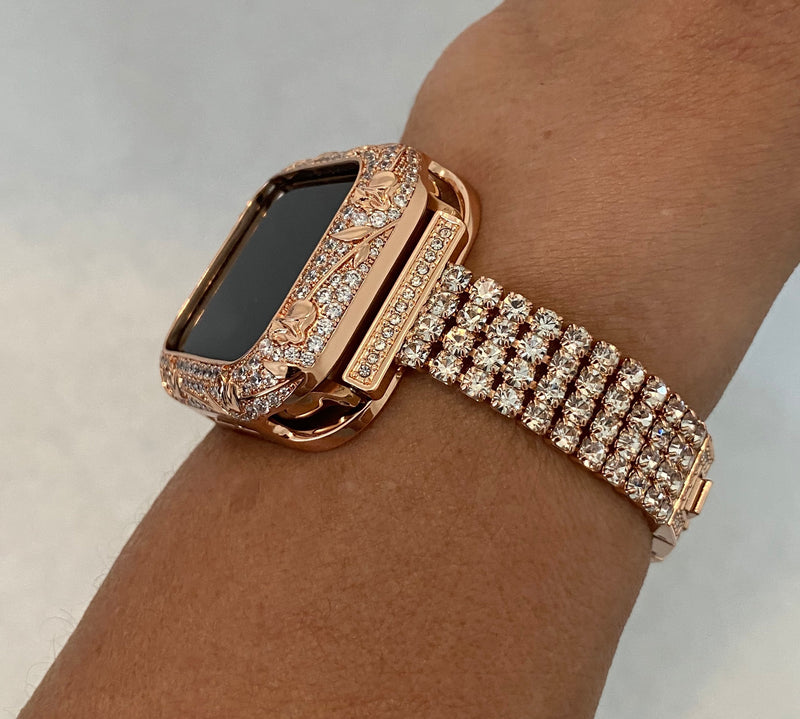 Apple Watch Band Series 8 Women Rose Gold 38mm 40mm 41mm 42mm 44mm 45mm & or Swarovski Crystal Bezel Cover Smartwatch Bumper