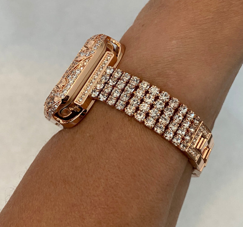 Apple Watch Band Series 8 Women Rose Gold 38mm 40mm 41mm 42mm 44mm 45mm & or Swarovski Crystal Bezel Cover Smartwatch Bumper