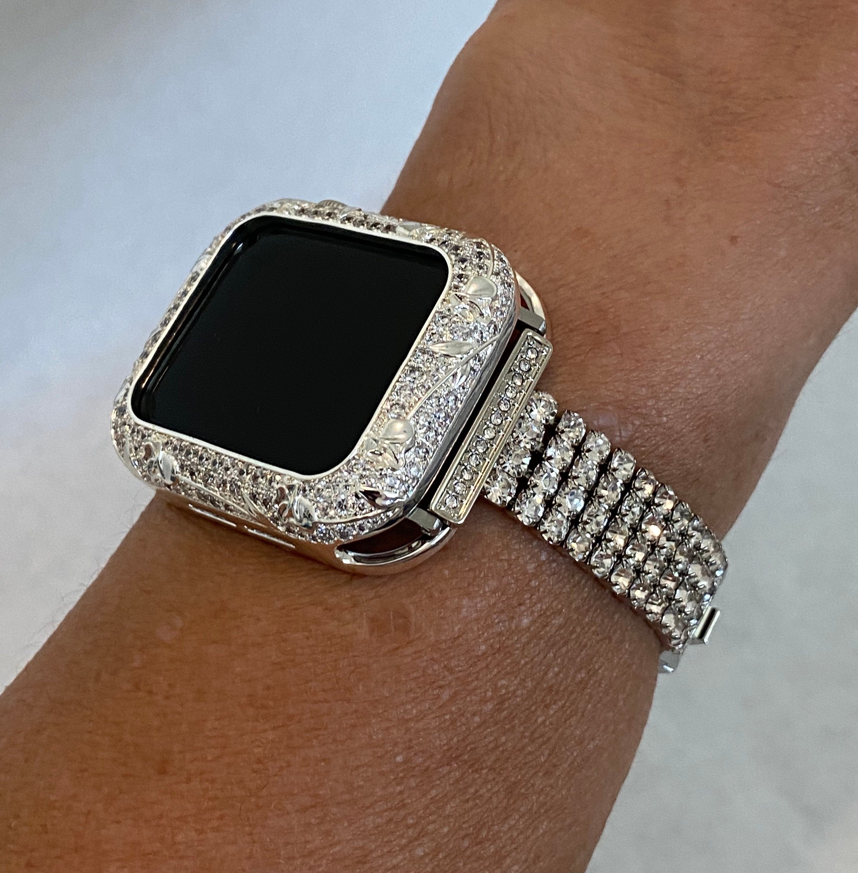 Series 2-8 Apple Watch Band Women Swarovski Crystals Silver & or Apple Watch Case for Iphone Watch 38mm-45mm Smartwatch Bumper Case Bling