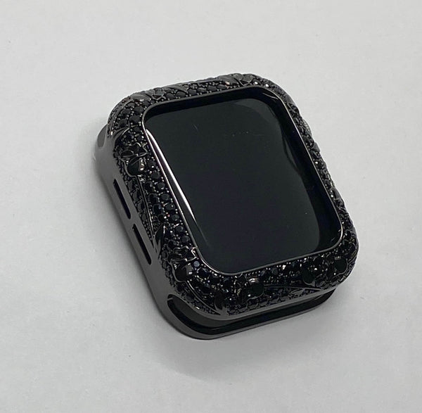 Apple Watch Bezel Cover Black on Black Metal Cover Floral Design Inset Rhinestones 38mm 40mm 42mm 44mm Series 2-8 Custom Handmade