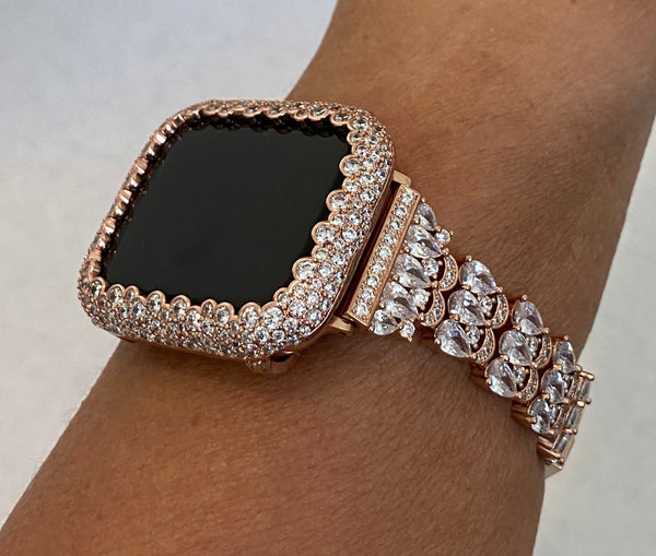 Luxury Swarovski Crystal Apple Watch Band Rose Gold & or Apple Watch Cover with Lab Diamond 41mm 45mm 49mm Ultra Smartwatch Bumper Bling Series 8 Iwatch Candy
